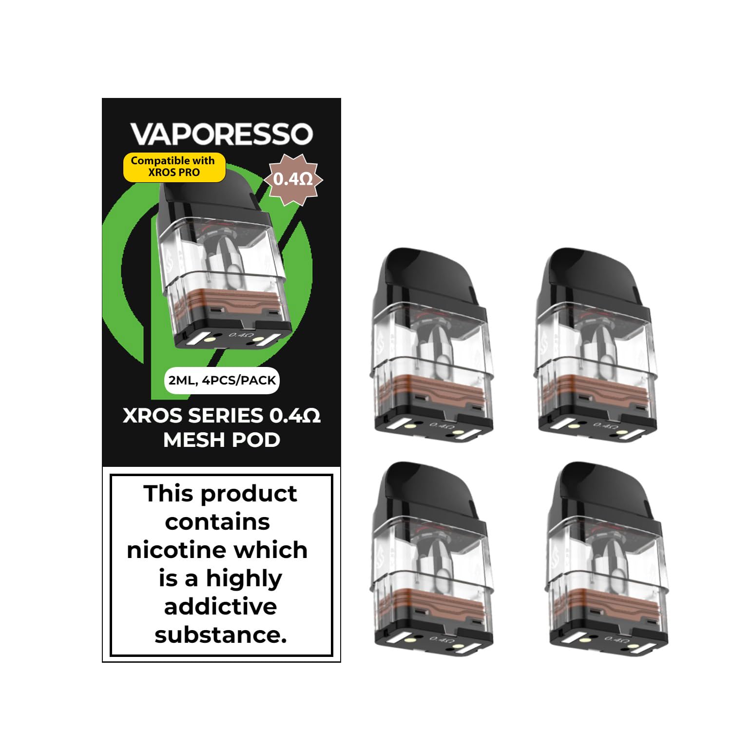 Vaporesso XROS Pods 4 Pack - Refillable Replacement Pods for XROS Vape Device | Leak-Proof Design,for XROS 3 Pod Kit/XROS Pod Kit/XROS 2 Kit/XROS Mini Kit/XROS Nano Kit, No Nicotine (0.4 ohm)
