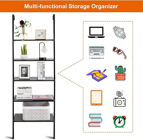 Miniatura 8 de Tangkula Estantería de 5 estantes, moderna estantería de madera de 5 niveles para montar en la pared con marco de metal, estante de escalera abierto