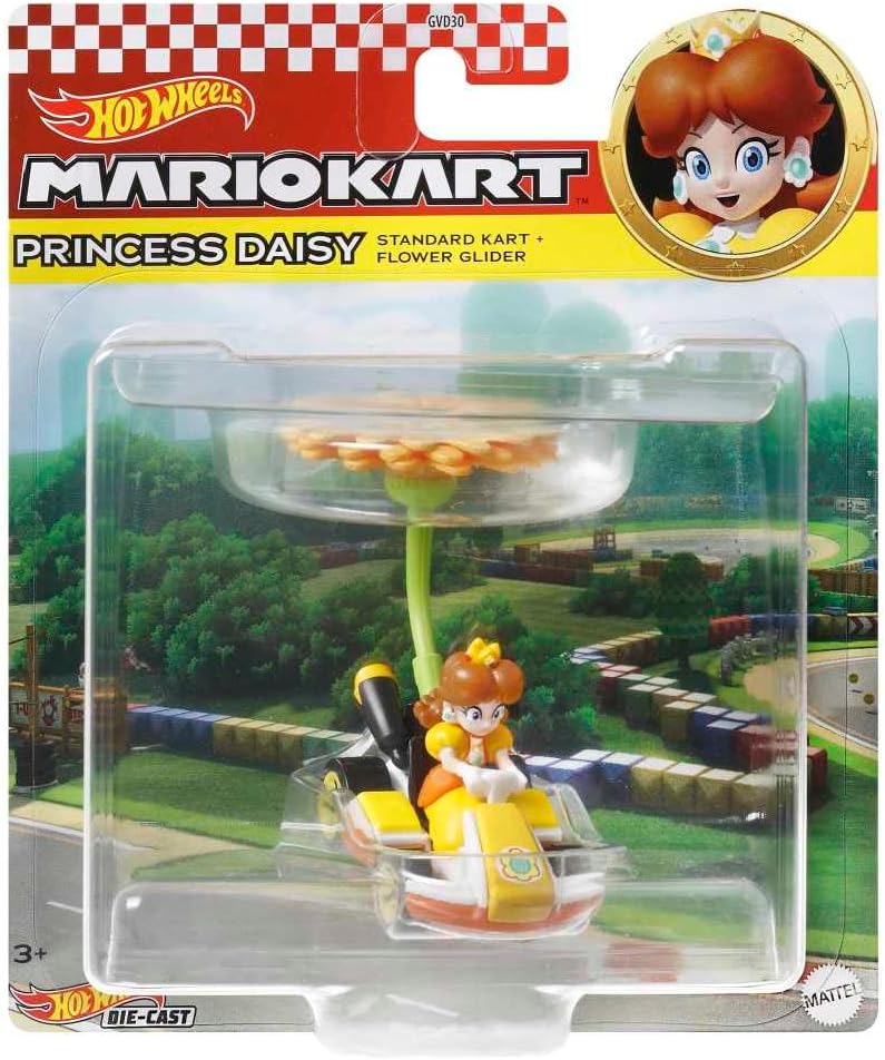 Hot Wheels 1:64 Scale Mario Kart | Princess Daisy Standard Kart + Flower Glider
