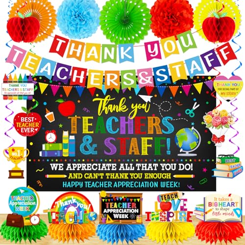 Teacher Appreciation Decorations Staff Appreciation Decorations includes Thank You Teacher & Staff Backdrop Honeycomb Centerpieces and Hanging Swirls Teacher Appreciation Week Decoration