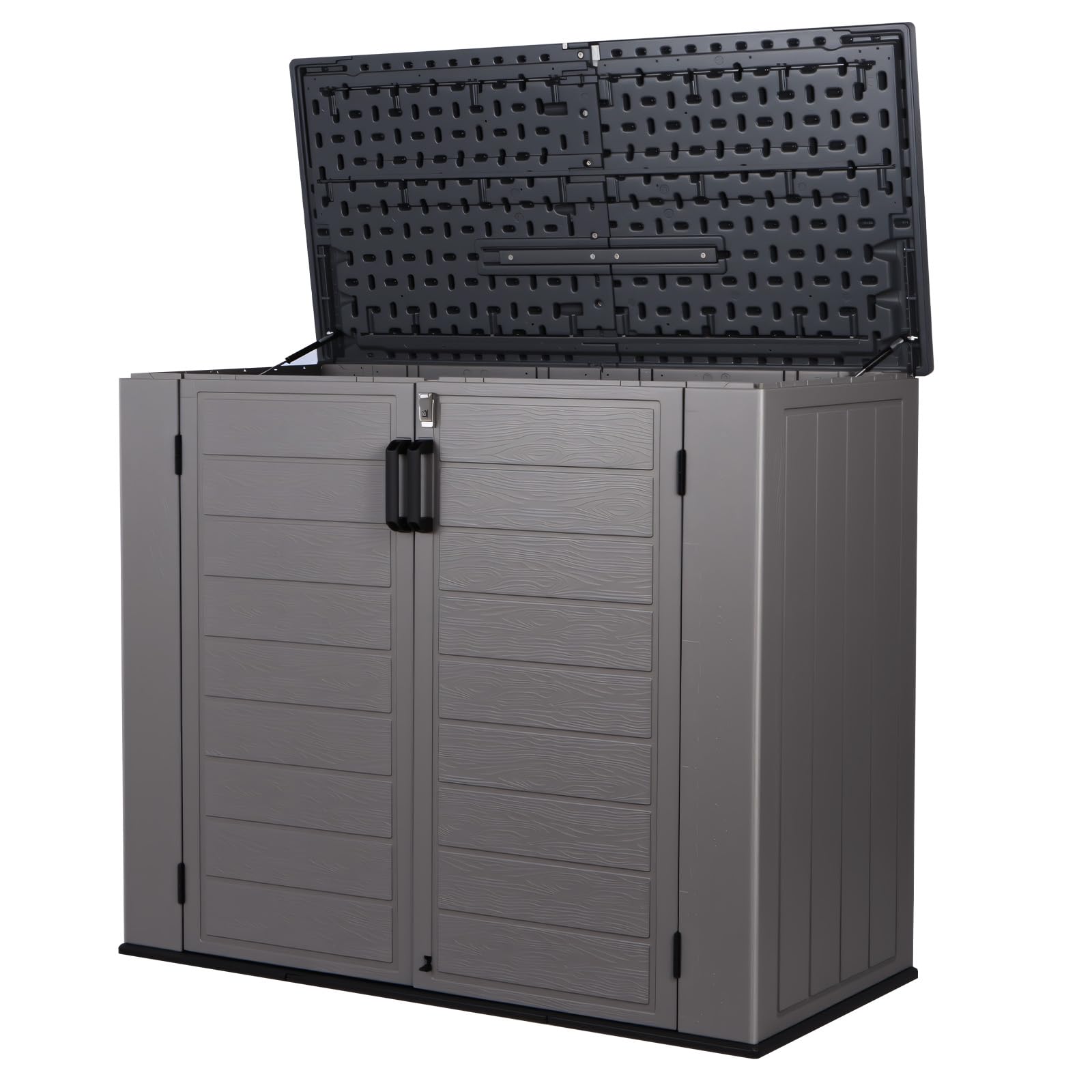 Panana Plastic Garden Storage Shed With Floor Lockable Outdoor Storage ， House Tool Shed Box, Compact Utility Tool Cabinet Grey (142x67x118 CM)