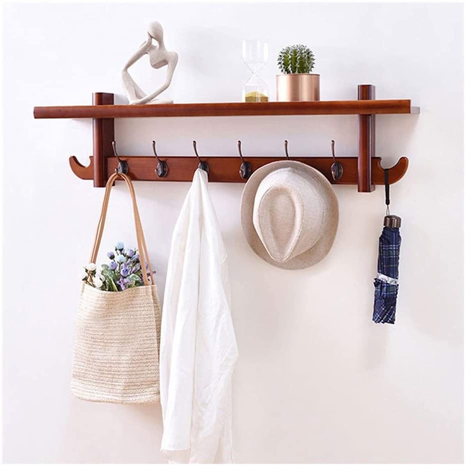SVFOEBJM Coat Hooks with Wooden Shelf - Wall Mounted Coat Rack with Metal Hooks for Entryway, Kitchen, or Bathroom - Versatile Hat Rack and Coat Hanger