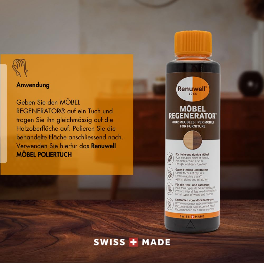 Renuwell Regenerador de muebles, 500 ml, cuidado intensivo y regeneración para muebles y superficies de madera, elimina manchas de agua, arañazos y calor, anillos de calidad suiza