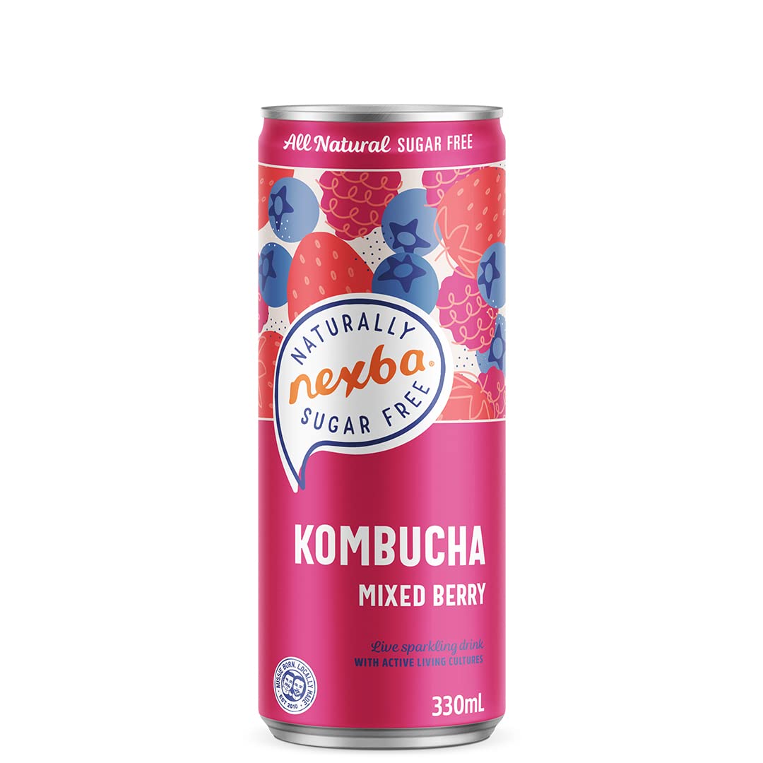 Nexba Naturally Sugar Free Mixed Berry Kombucha, 330 ml Sleek Cans (Pack of 12)