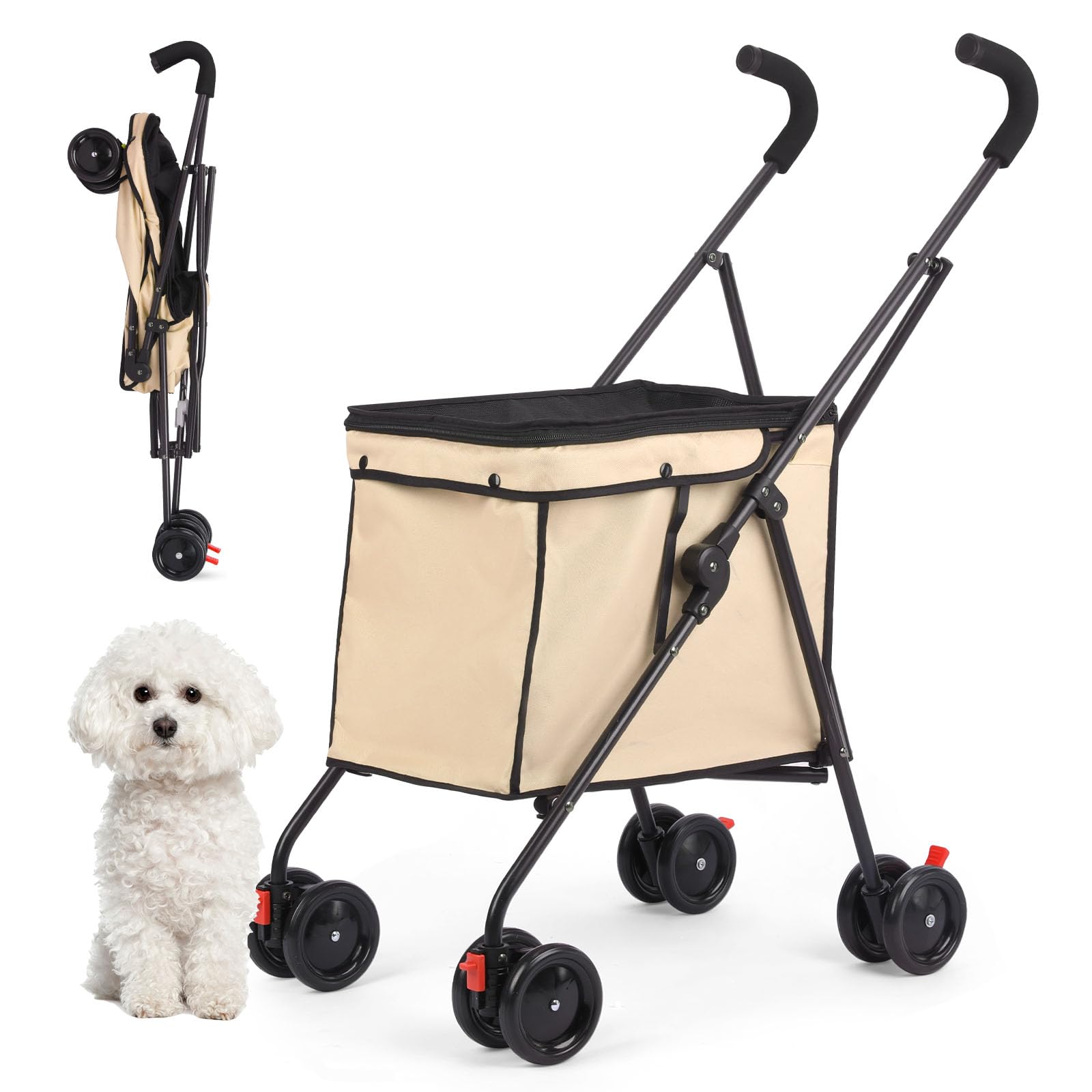 Dog Strollers, Shopping Cart, Collapsible Folding Utility Wagons Carts Heavy Duty, The Original Patented, 60lbs Capacity, Minimalist for Cats Pets Outdoor Camping Shopping Sports Garden (Khaki)