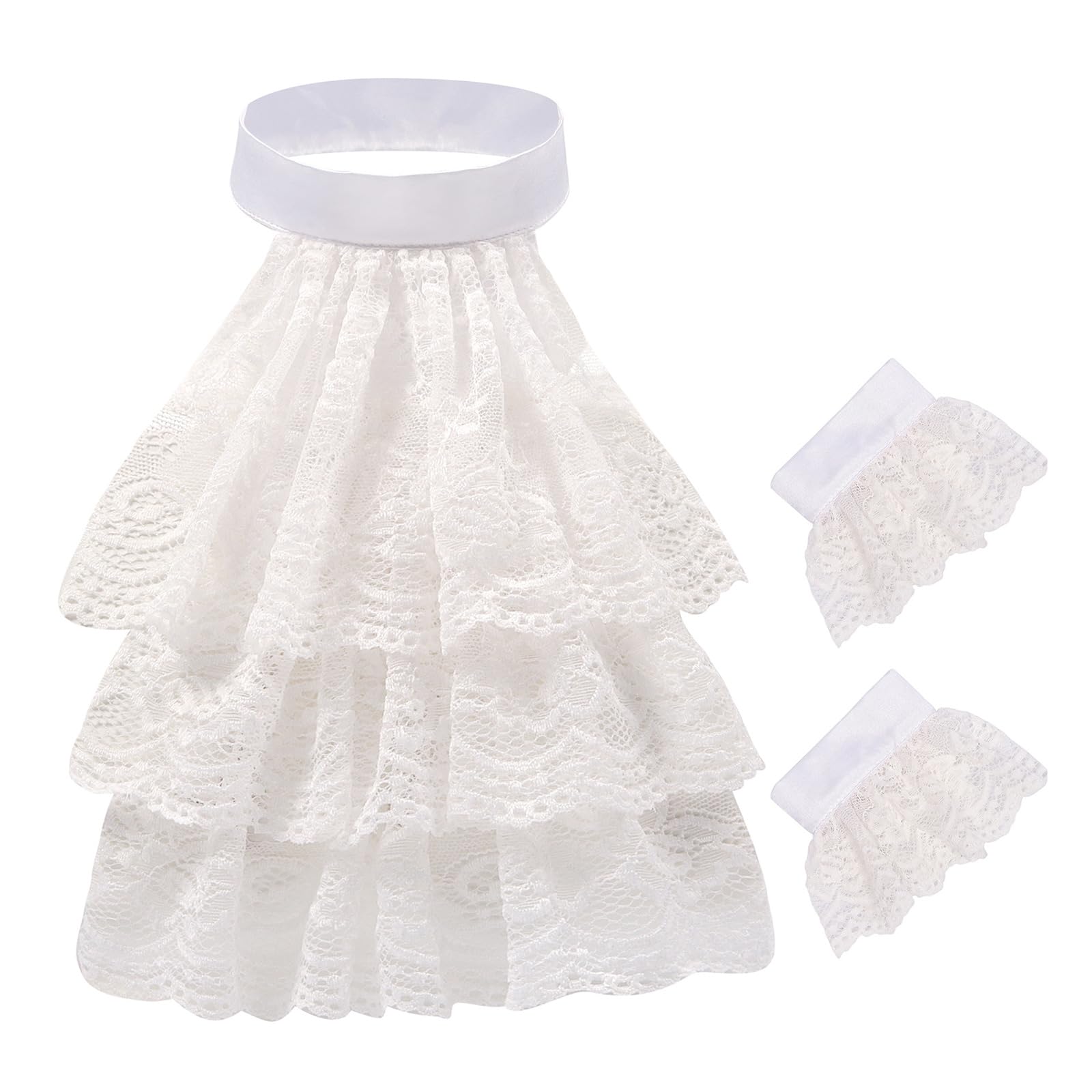 Xfuyi White Victorian Ruffle Tiered Lace Jabot Neck Collar And Cuffs Set Renaissances Colonial Costume False Collar For Halloween