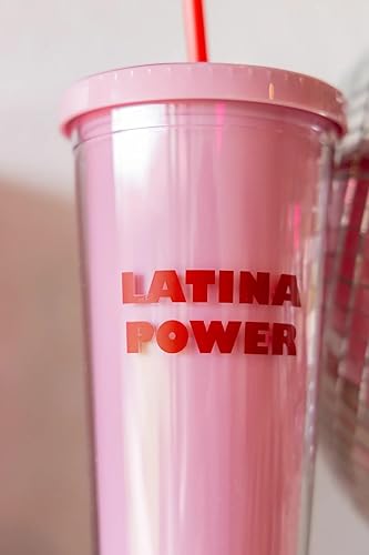 Miniatura 2 de JZD Latina Power Tumbler | Vaso de doble forro rosa y rojo con pajilla, tapa giratoria, 20 onzas, para tu cafecito matutino o nuestra agua diaria,