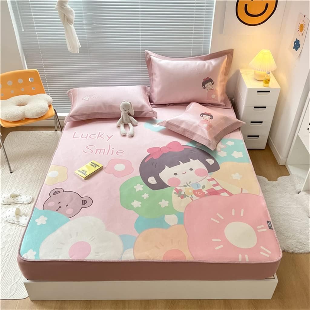 Summer Mat Three-Piece Set Hine Washable Air Conditioner Soft Mat Ice Silk Mat Bed Cover Children (Colour: Pink, Size: 1.8 m) (Pink 1.8 m)