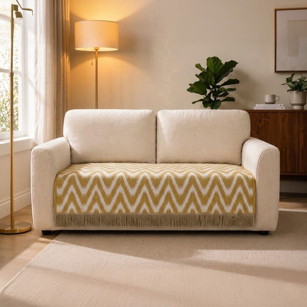 Saral Home VW Sofa Cover | Cotton Chevron Zig-Zag Weave Skid Resisdent Couch Protector with Fringe Design | Soft & Breathable Furniture Cover 2 Seater Sofa, Beige. 70x120 cm-1Pc-image-22