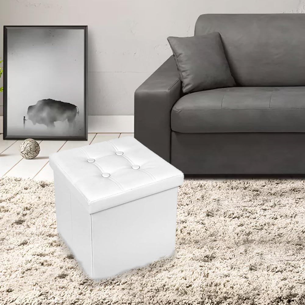 Generico Pouf Contenitore Quadrato in Ecopelle, Pouf Poggiapiedi Imbottito pieghevole in simil pelle (BIANCO, 38X38X38)