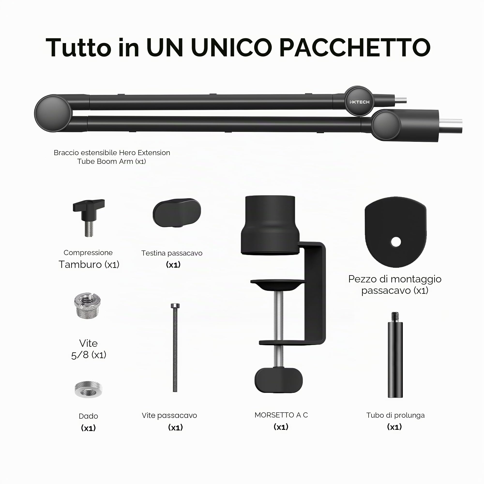IXTECH Asta per microfono con tubo di estensione, braccio per microfono per Shure SM7B MV7 Blue Yeti robusto in acciaio inox, supporto da scrivania, braccio pieghevole a forbice, supporto per