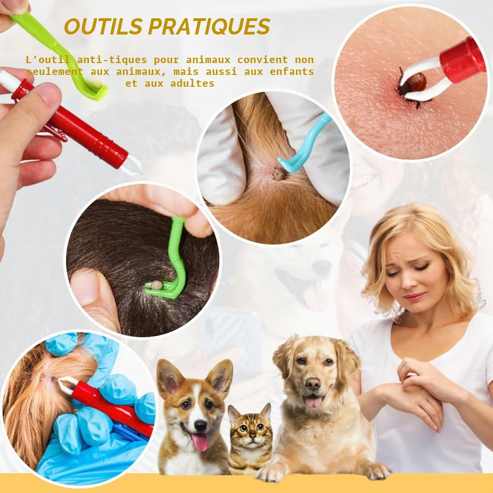 5 Pièces Anti-tiques - 3 Crochets à Tiques et 2 Pinces à Tiques Ensemble, Dissolvant sans Douleur pour Chiens, Chats et Humains Animaux de Compagnie (Rouge, Vert)