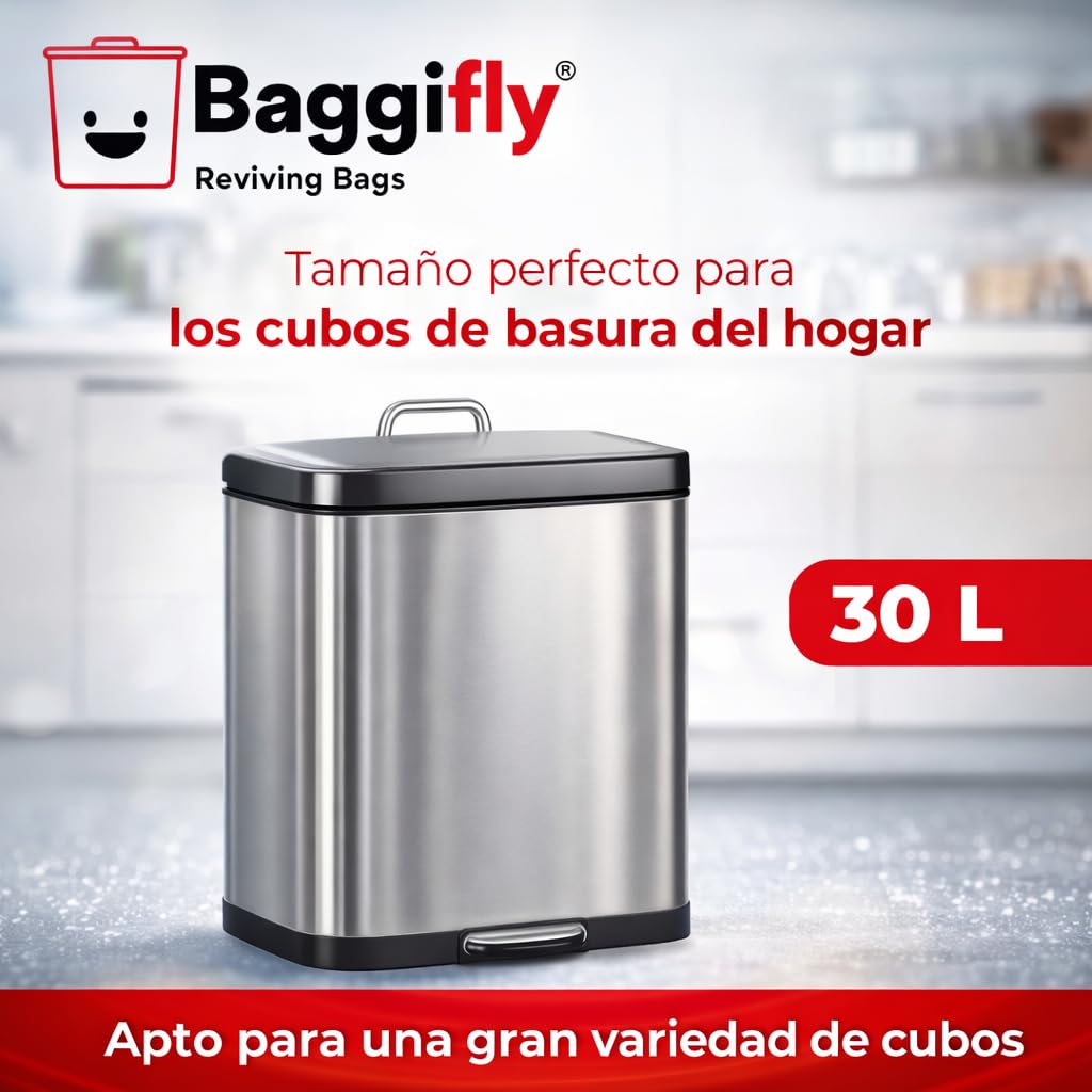 Baggifly Worki na śmieci 30L - 30 rolek po 30 torebek - 100% materiał z recyklingu - wymiary 55 x 60 cm - Idealne do użytku domowego - Super wytrzymałe torby - Z górnym zamknięciem - Szary