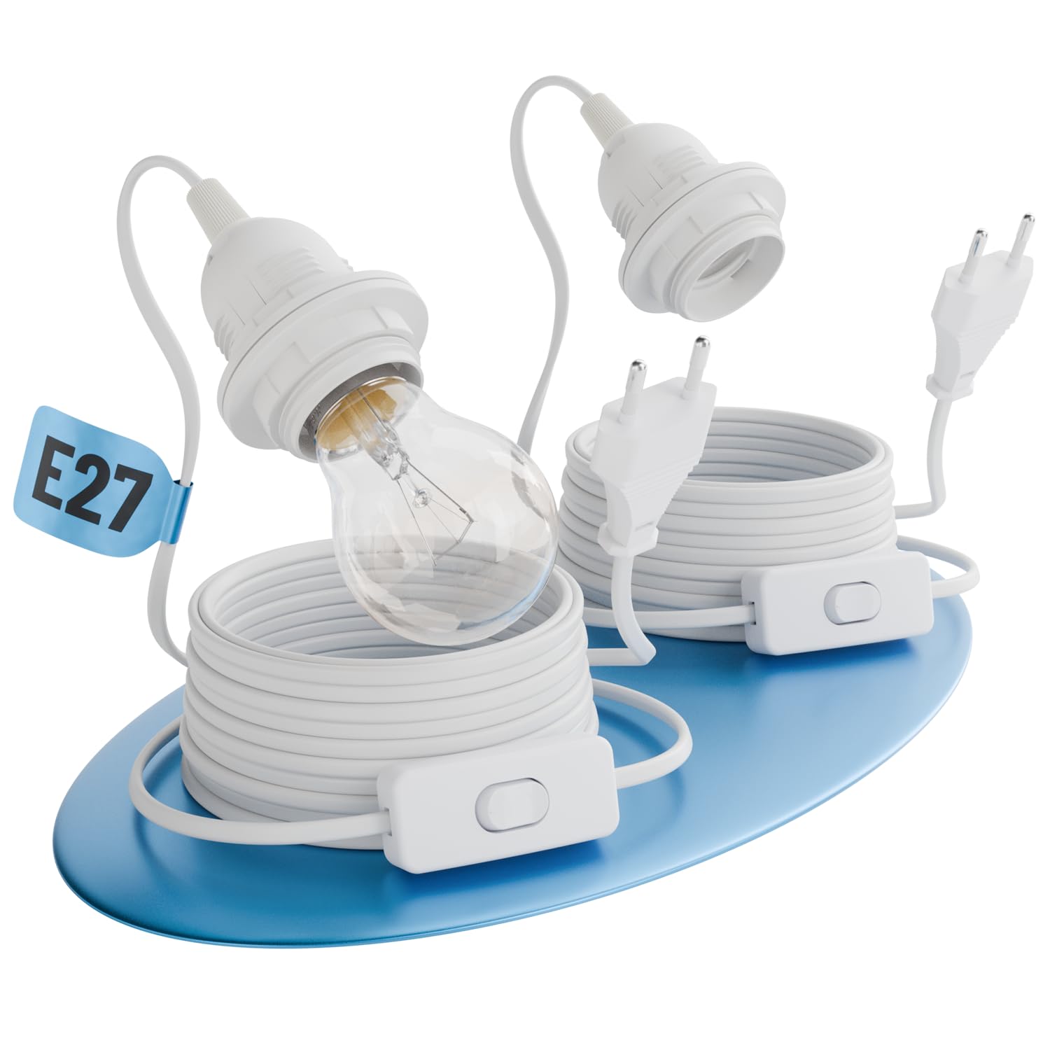 greate 2x Lampenfassung E27 mit Kabel und Schalter weiß 5 Meter - E27 Fassung mit Stecker max. 60W 250V - Lampe Fassung, Baufassung, Lampenkabel, Steckerlampe, Kabellampe