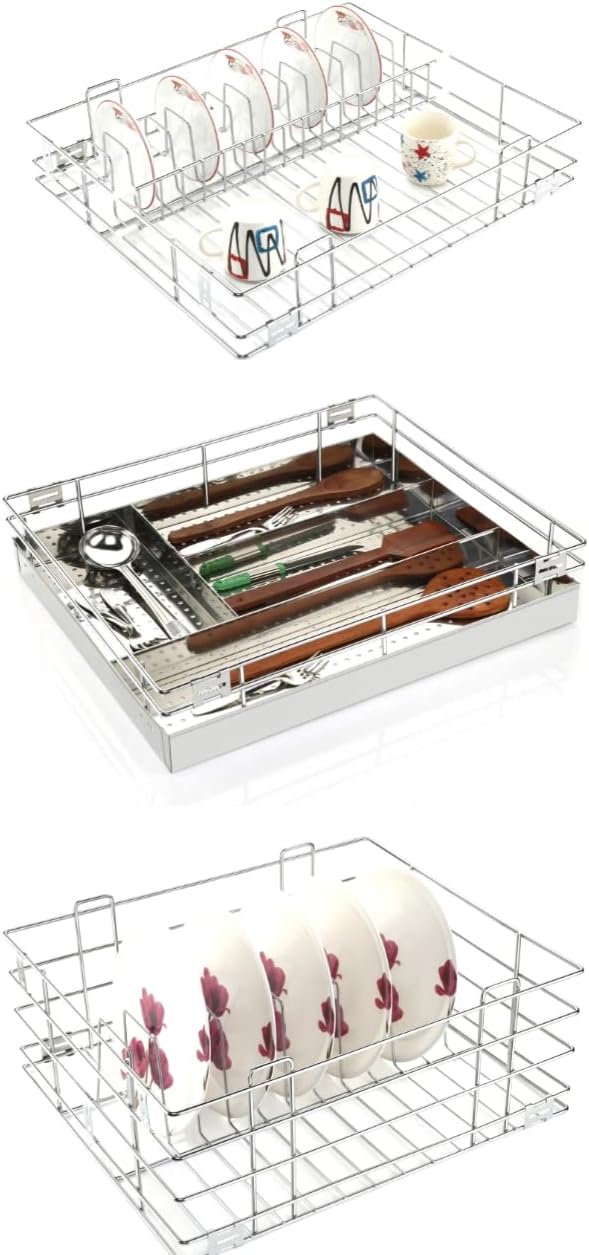 Landwood stainless steel modular kitchen basket with channel and cabinet storage drawer accessories set of 3 (18X20 INCH)