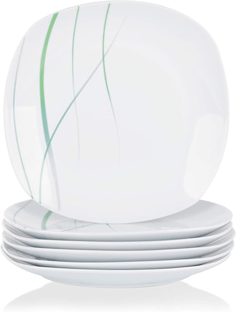 VEWEET 'Aviva' 6-Piece Porcelain Dinner Plate 9.75" Dinner Set Ivory White Green Lines Round Dinning Set Service Including Restaurants, Catering, Parties and Everyday Use (24.7 * 24.7 * 2.2 cm)