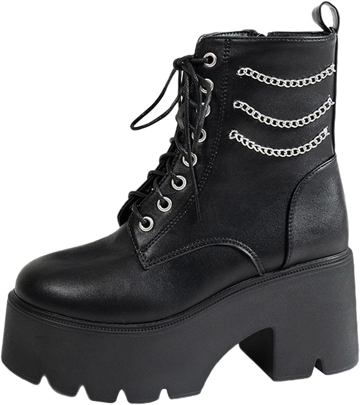 Womens Goth Ankle Boots Chain Zipper Platform Chunky High Heel Lace up Combat Boots Punk Short Booties Fashion Motorcycle Boot Stylish Footwear Gift