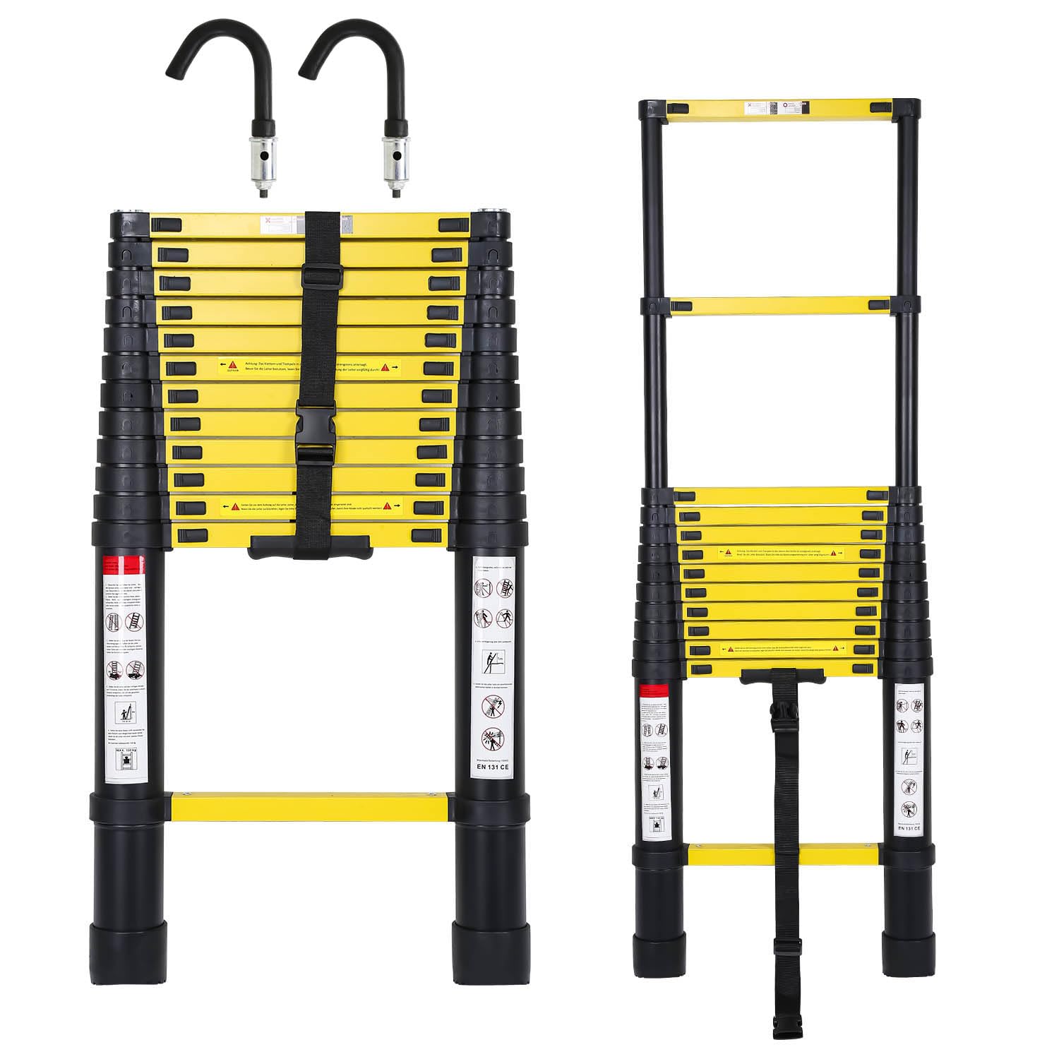 Aluminiowa drabina teleskopowa 3,8 m z 2 wysuwanymi hakami, przenośna wysuwana drabina, antypoślizgowa drabina wielofunkcyjna, obciążenie do 150 kg (czarna)