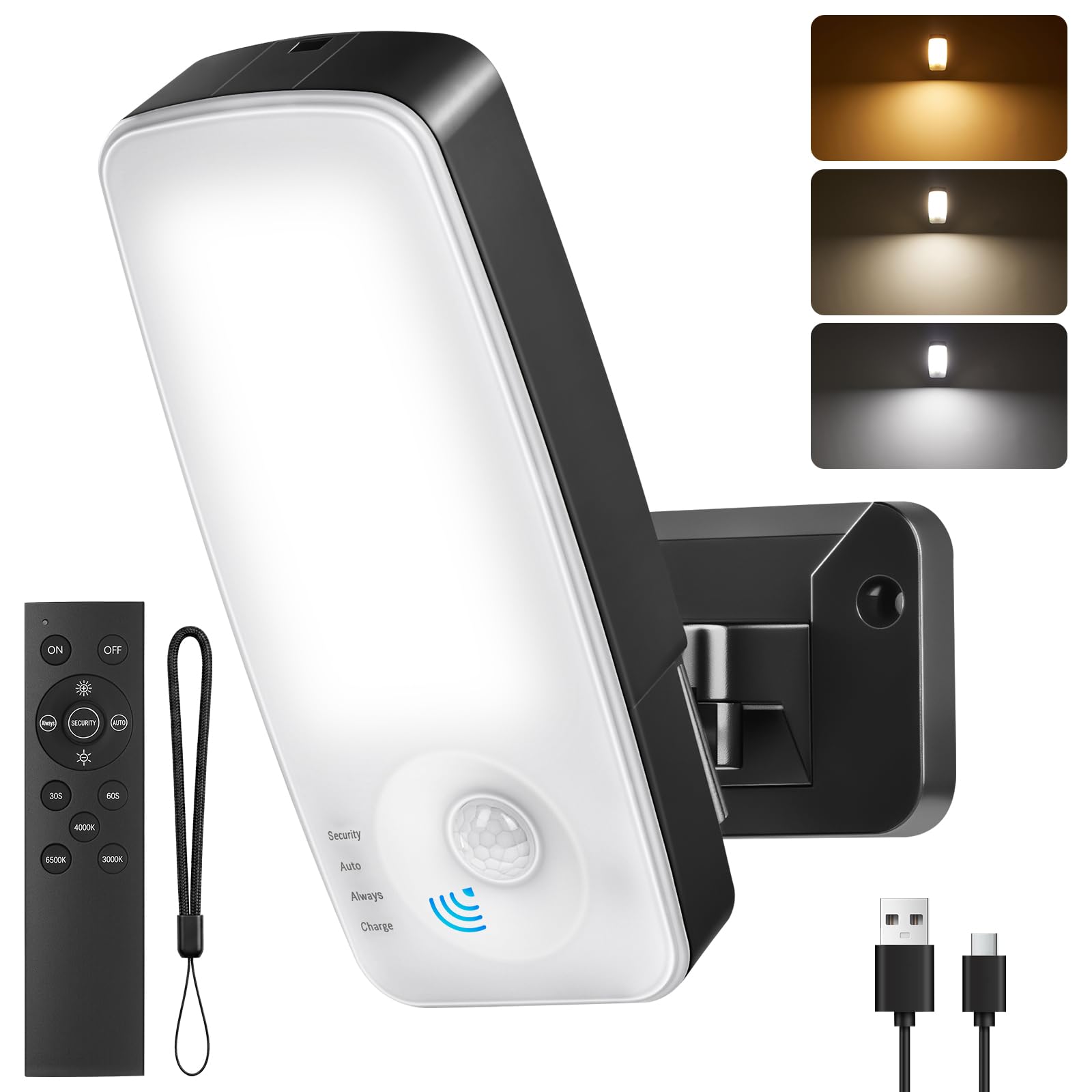 Ledronix Motion Sensor Light Outdoor, 10000mAh Rechargeable, IP65 Waterproof, 3 Colors, 3 Modes, 600LM Dimmable Security Light with Remote & Red Alert, Garden Garage Porch Light