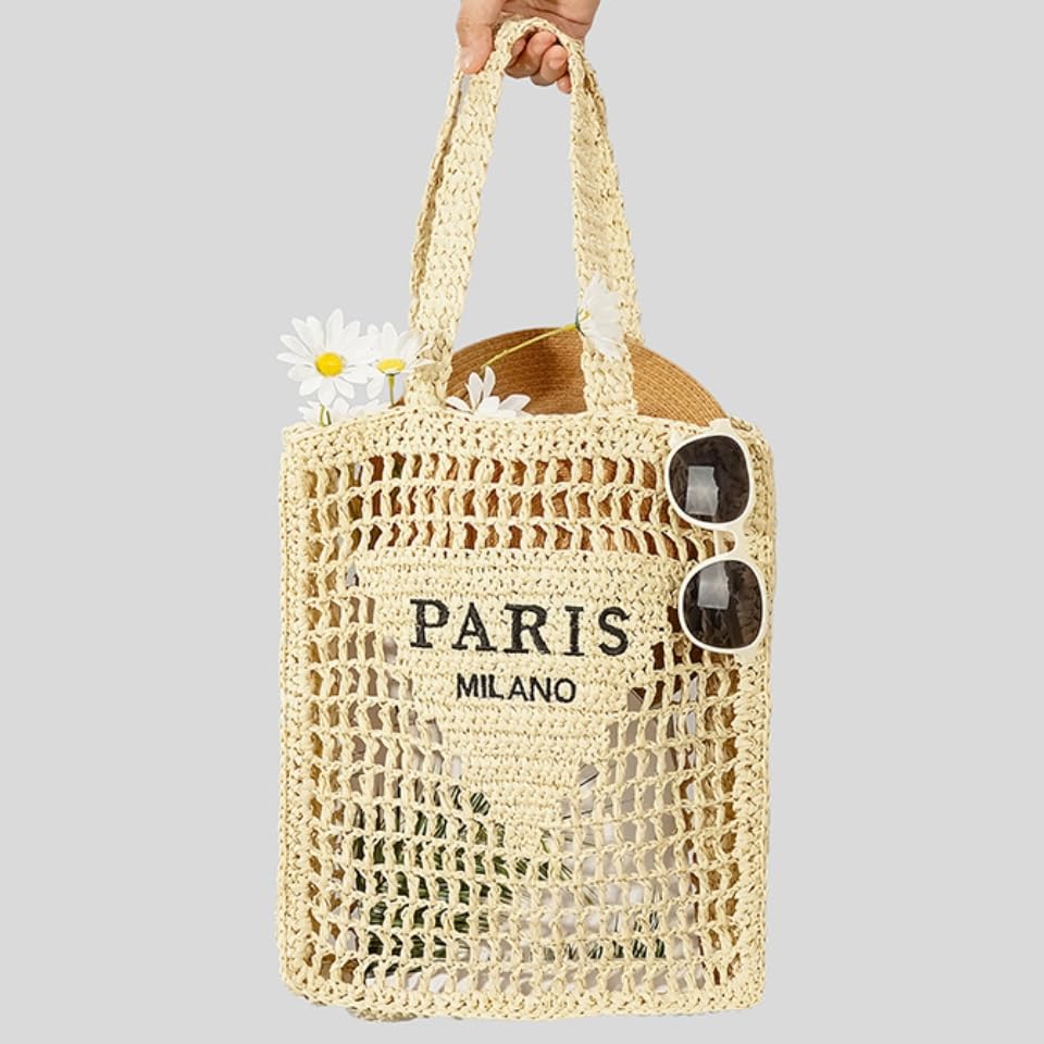 Bolso de paja tejido para mujer tipo tote para verano miniatura 4