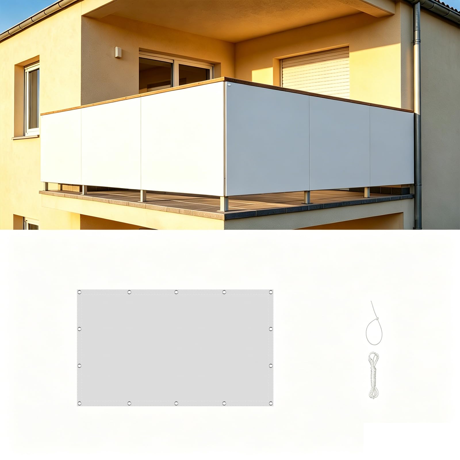 Telo Frangivisto 65 x 200 cm Resistente al Vento, Impermeabile Anti UV Schermo in Polyster Opaco con Occhielli, Fascetta per Recinzioni, Bianco