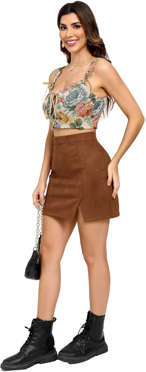 Women's Basic High Waist Faux Suede Side Split Bodycon Mini Pencil Skirt - Image 6
