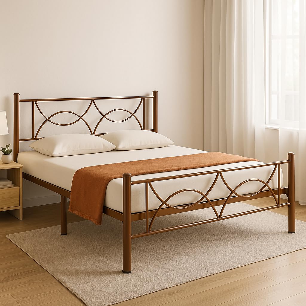 Royal Interiors Luno Metal Queen Size Bed Without Storage | Wrought Iron Double Bed with Headboard & Footboard | Sturdy Powder Coated Platform Bed Queen Size Cot for Bedroom Living Room Brown (75x60)-image-41