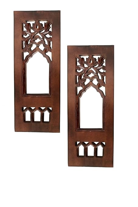 Classic Crafts Wooden Wall Hanging Jharokha Inside Mirror Set of 2, Wooden Wall Panel (33X13 Cm, Natural) (Rectangular) (Framed)