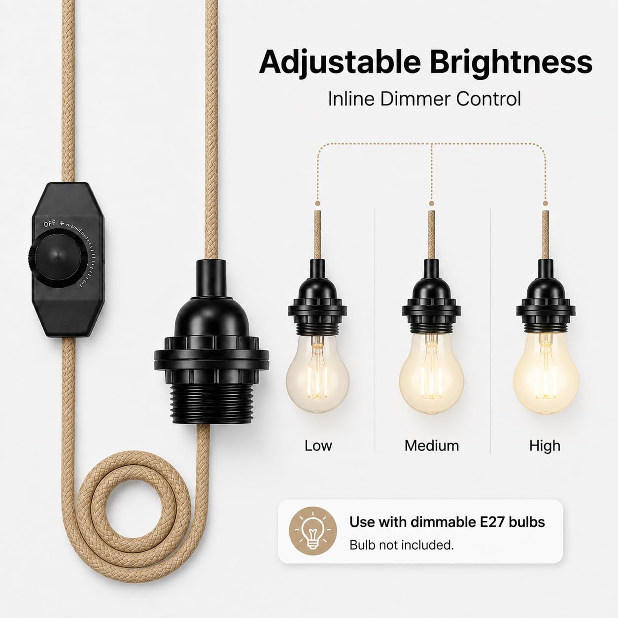Lampenfassung E27 mit Kabel 6,5 m, dimmbar, EU-Stecker, Hanfseil, 3-fach