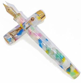 Jinhao 100 Classic Fountain Pen Rainbow Marble Celluloid, Medium Nib with Converter and Pen Case Set Peacock Blue Colorful + Gold Clip, Black+Blue