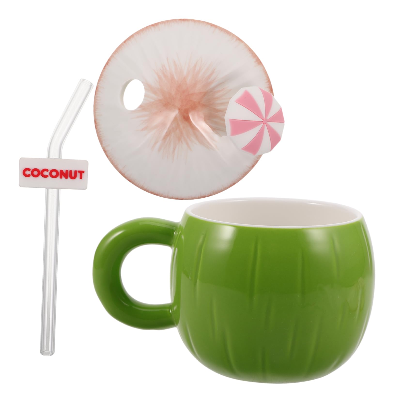 FUNOMOCYA Ceramic Milk Mugs Lid and Straw Coconuts Shape Tiki Mugs for Hawaiian Luau Decorative Coffee Cups