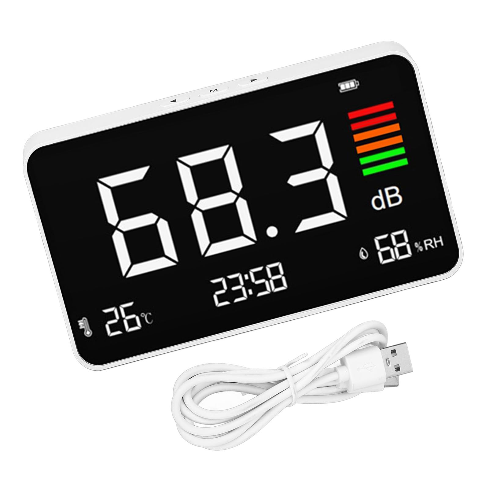 Noise Tester Rechargeable Decibel Meter Desktop Digital Sound Levels Meter with Time Temperature and Humidity Display Measurement Device