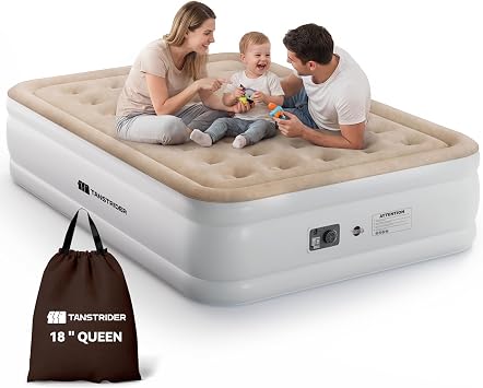 Queen Air Mattress with Built in Pump,18" Raised Blow up Air Bed,3 Mins Quick Self-Inflation/Deflation, Inflatable Mattress for Camping/Home/Guests/Travel