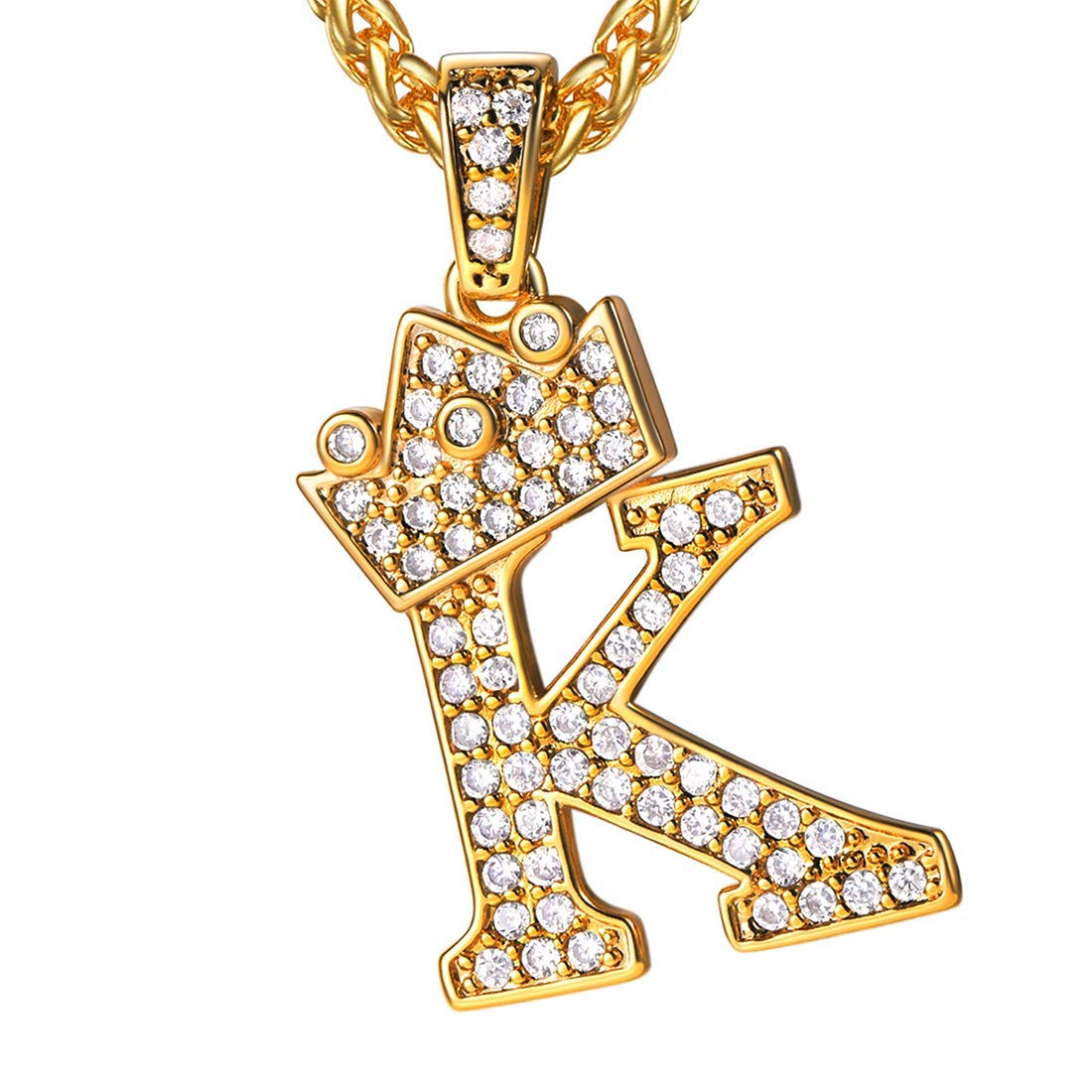 U7 Crown Initial Necklace Men Women, Bling Diamond A-Z 0-9 Letter Pendant with Wheat Chain, Silver/Black/Gold Plated CZ Alphabet Number Hip Hop