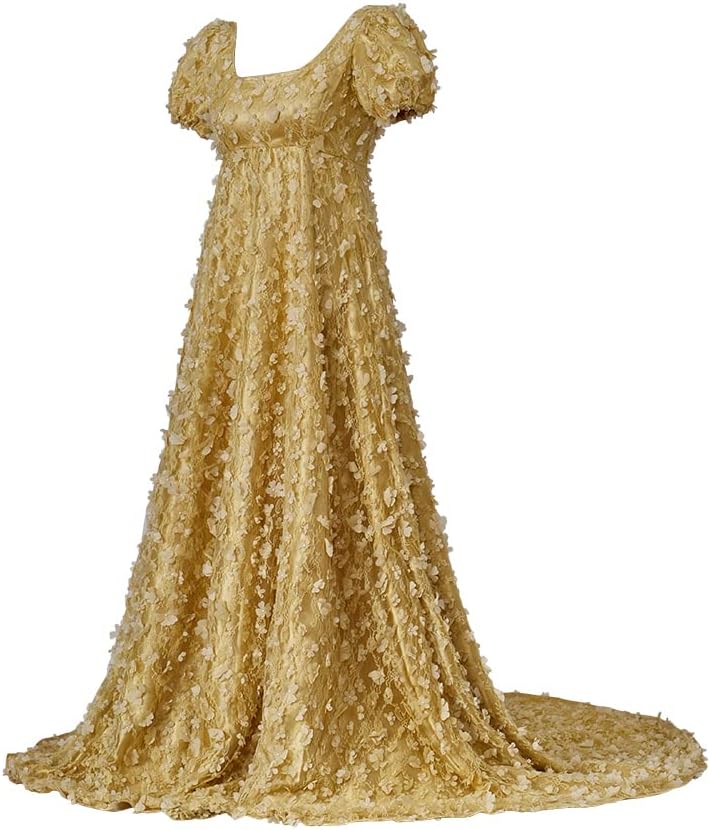 Women's Daphne Basset Dress Regency Dresses Jane Austen Style High Waistline Ruffled Puff Sleeve Long Dress
