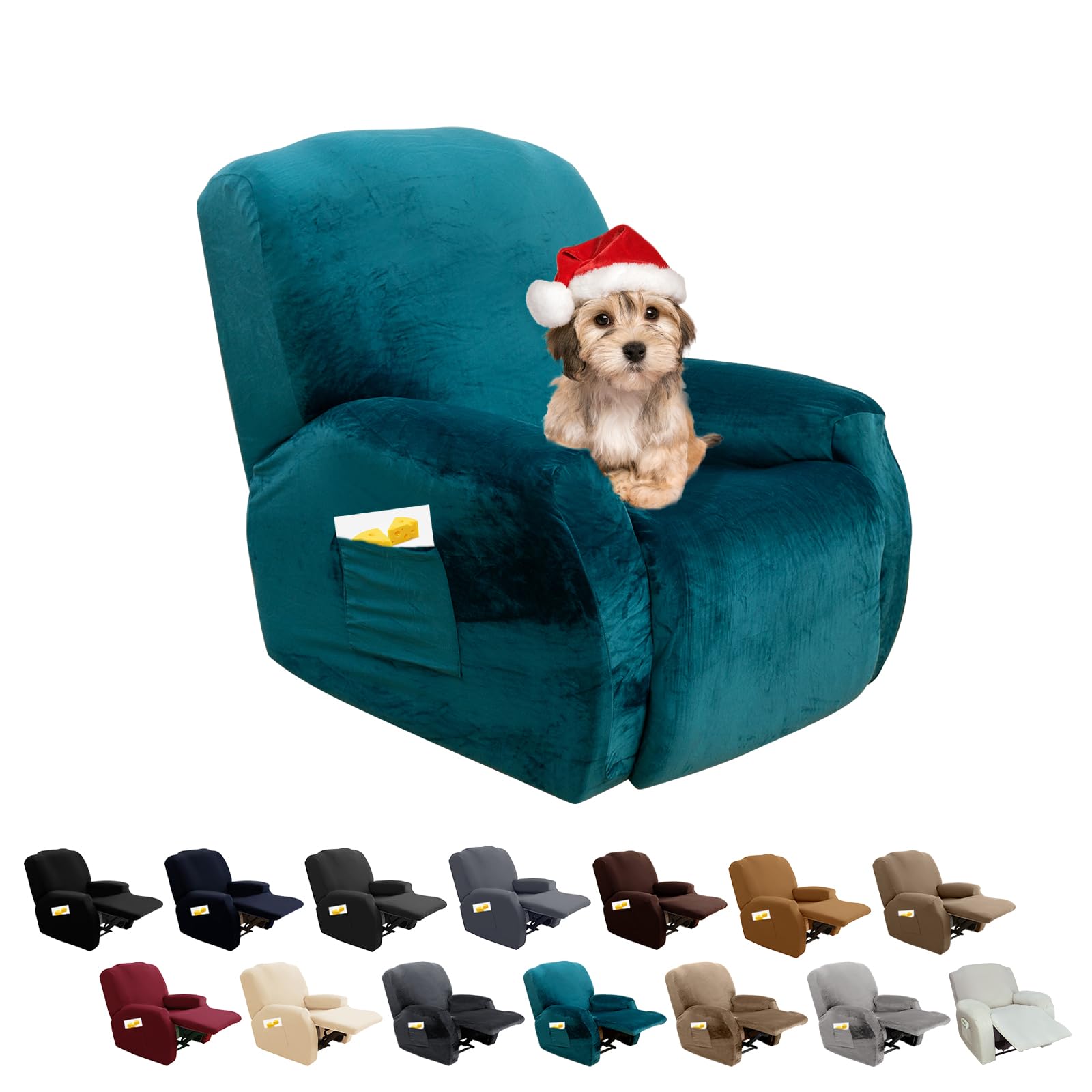 FIGOOO Copripoltrona Relax Reclinabile Copripoltrona 1 Posto Elasticizzato Relax Universale Elettrica con Tasche 4-Pezzi Fodere per Poltrona Rimovibile Coprisedile Chivas,Velluto#Flangia Verde