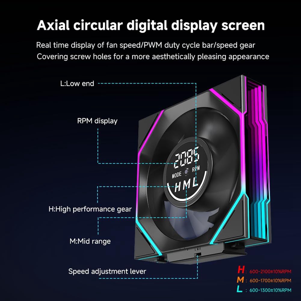 Raffreddatore per CPU ARGB con Design A Specchio Infinito con Schermo, Ventola per Case da 120 Mm, Display Digitale, Raffreddamento per Computer, 600-2100 /Min.