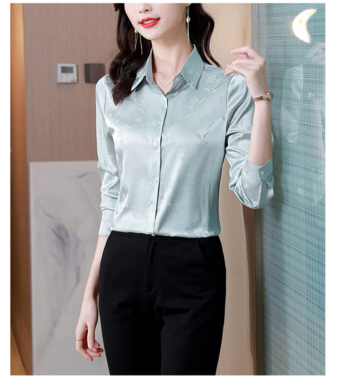 Blusa de satén de Manga Larga con Estampado Floral para Mujer Camisa de Vestir de Trabajo con Botones y Cuello en V para Mujer Gray M