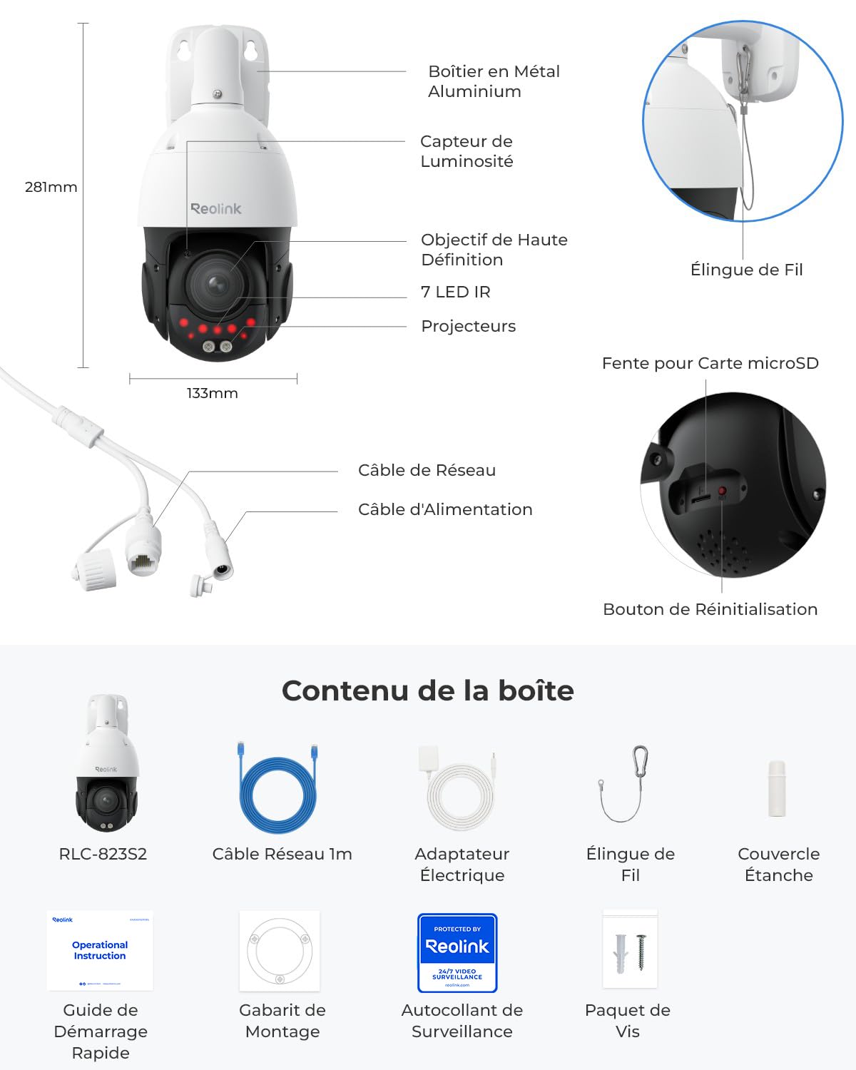 Reolink 4K PTZ Caméra Surveillance PoE, Zoom Optique 3D 16X, RLC-823S2 | Camera PoE avec Pan 360°+Tilt 90°, Suivi Automatique, Vision Nocturne Jusqu'à 80m, Détection de Personne/Véhicule/Animal