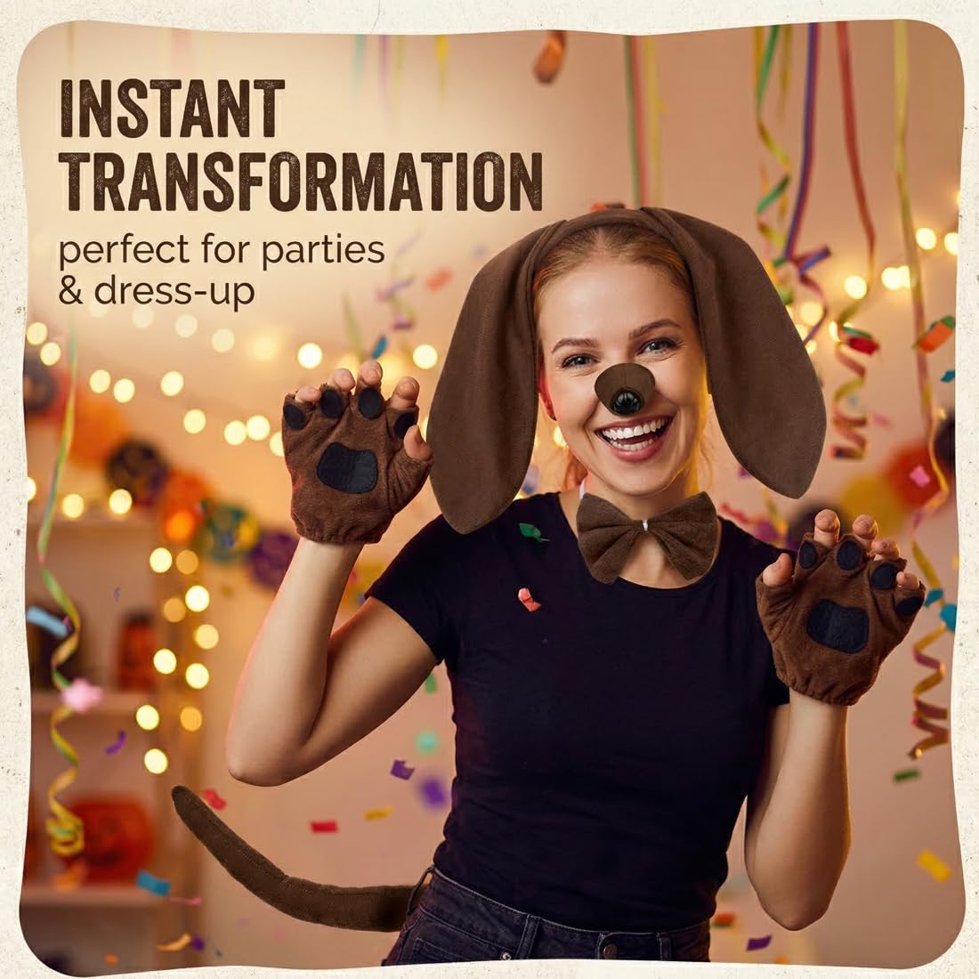 Dackel-Hunde-Set, 5-teiliges Welpen-Kostüm-Set, inklusive Dackel-Haarband, Nasenschwanz, Handschuhe, Fliege für Erwachsene, Kinder, Cosplay, Kindertag, Weihnachten, Tier-Mottoparty