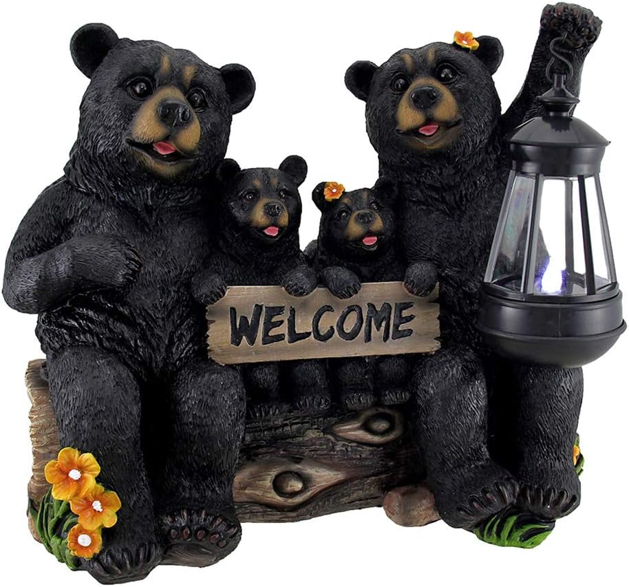 Solar Yard Sign Bears Welcome Figurine Lantern Light