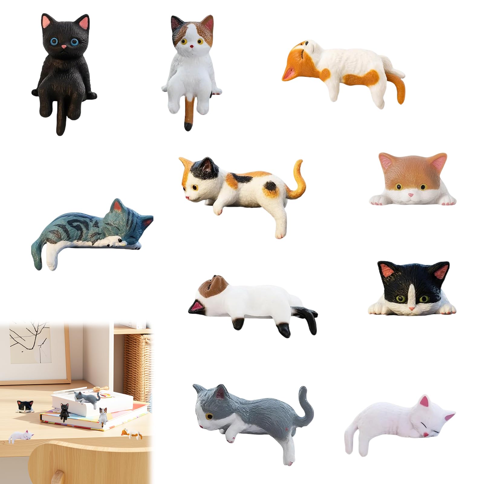 10 Pcs Cute Mini Cat Figures, Car Interior Decoration Rear View Mirror Ornaments, Miniature Cat Ornaments for Home Decor, Dashboard, Bookshelf, Office Desk Decor, Small Cats Statues Gift Idea