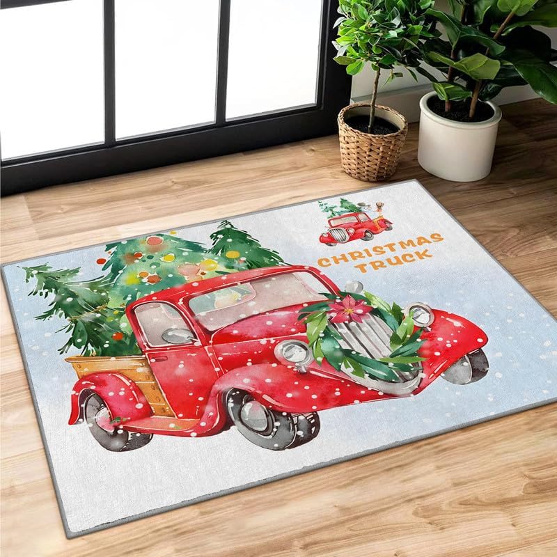 Miniatura 8 de Alfombra de área pequeña de Navidad de 3 x 5, lavable, alfombra de entrada con estampado de árbol de Navidad, alfombra suave antideslizante para