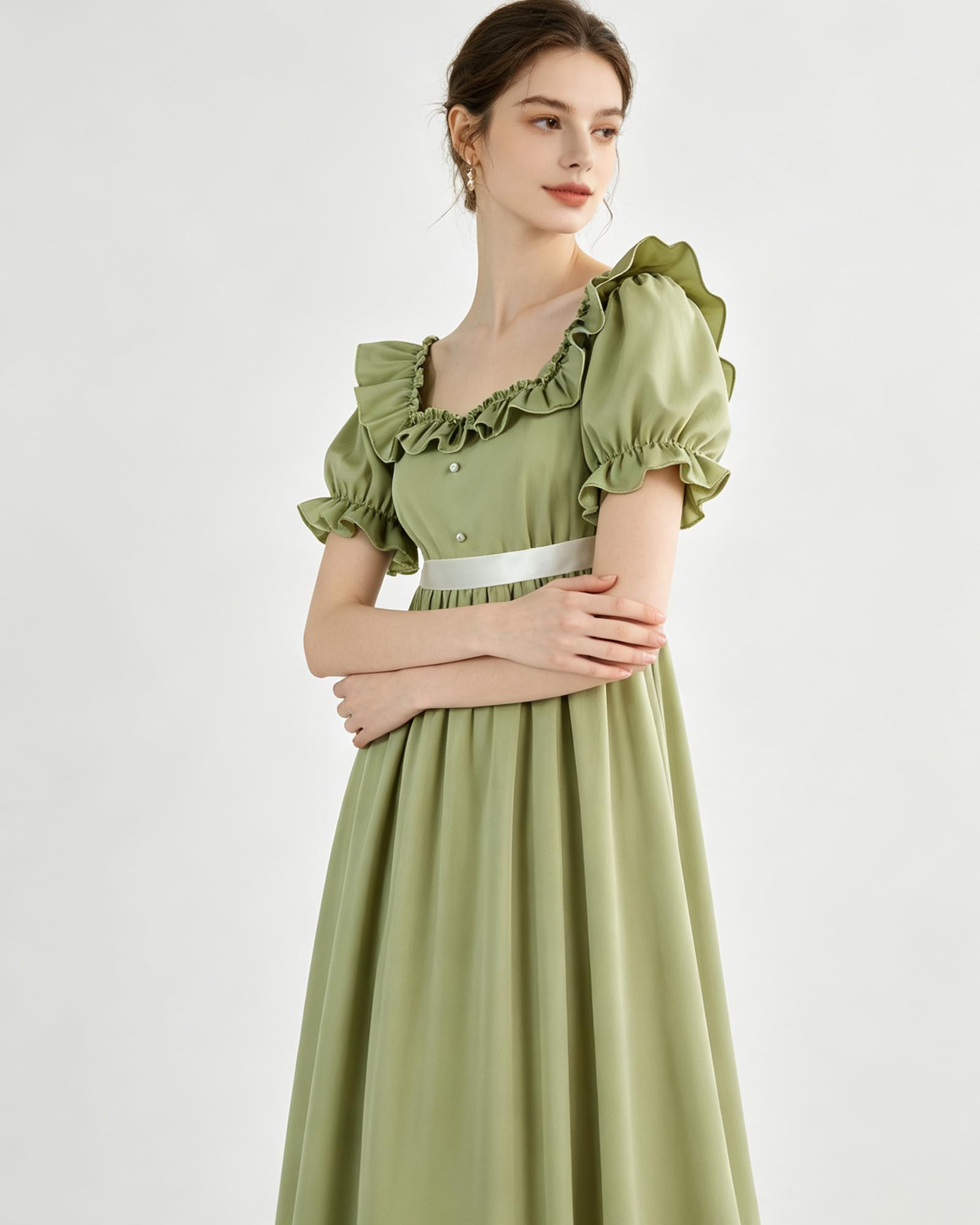 CR ROLECOS Regency - Abito da donna a vita impero, lungo, stile vittoriano, con maniche a sbuffo, guanti, colore verde