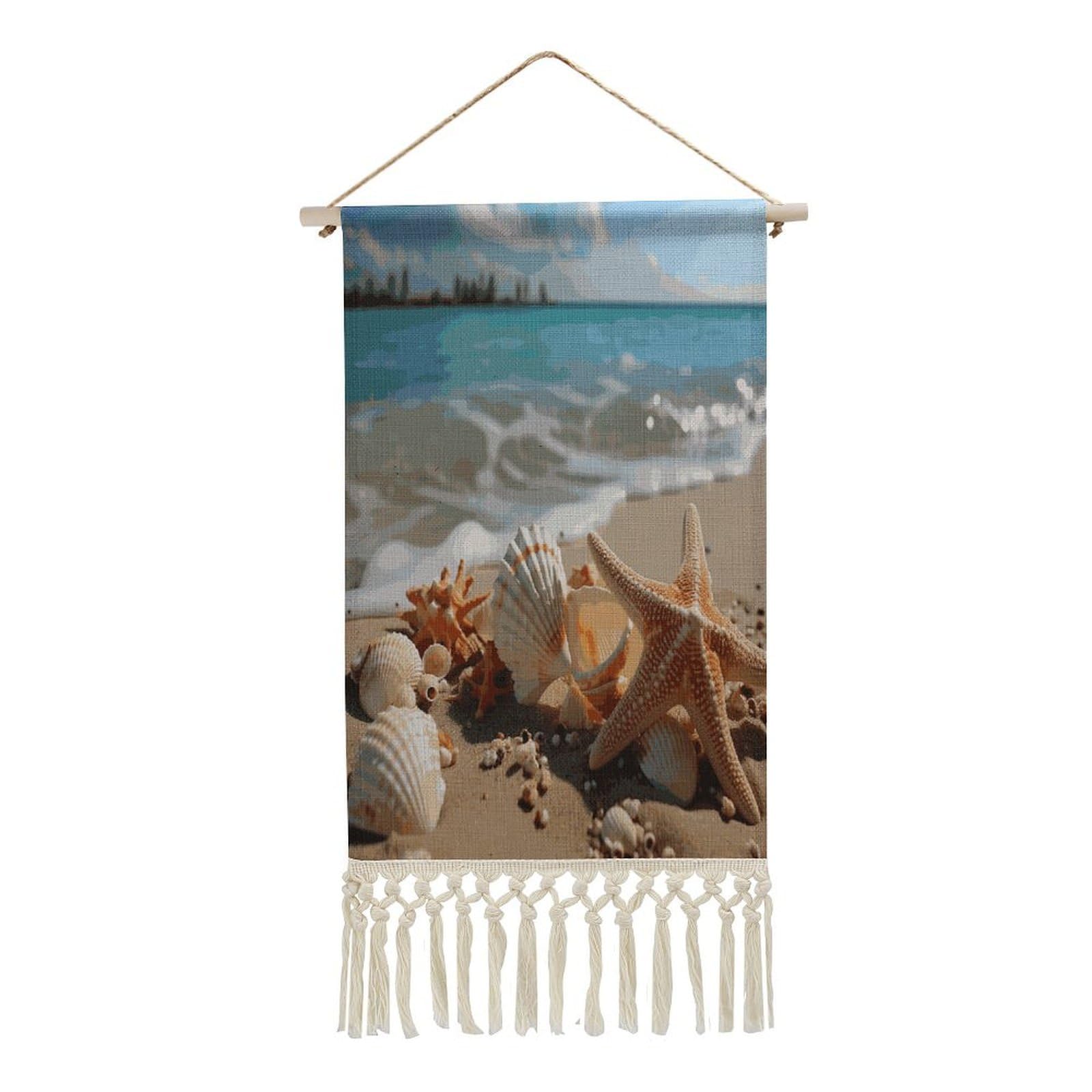 Adfgyerh Style Seashells Starfish On Beach Tapestry With Tassels Cotton And Linen Hanging Posters, Wall Art For Travel Gift, Wall Tapestry For Office Home Decor Bedroom Living Room Decor