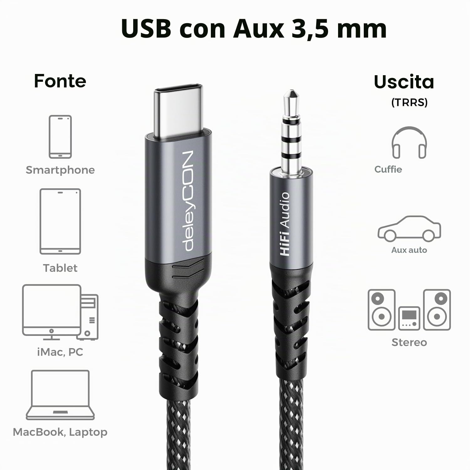 deleyCON 1m Adattatore Audio USB-C a 3,5mm Maschio a Jack 3,5mm Maschio per Cuffie Altoparlanti Sistemi Hi-Fi Compatibile iPhone 17/16/15 iPad Galaxy S25/S24/A16/A56