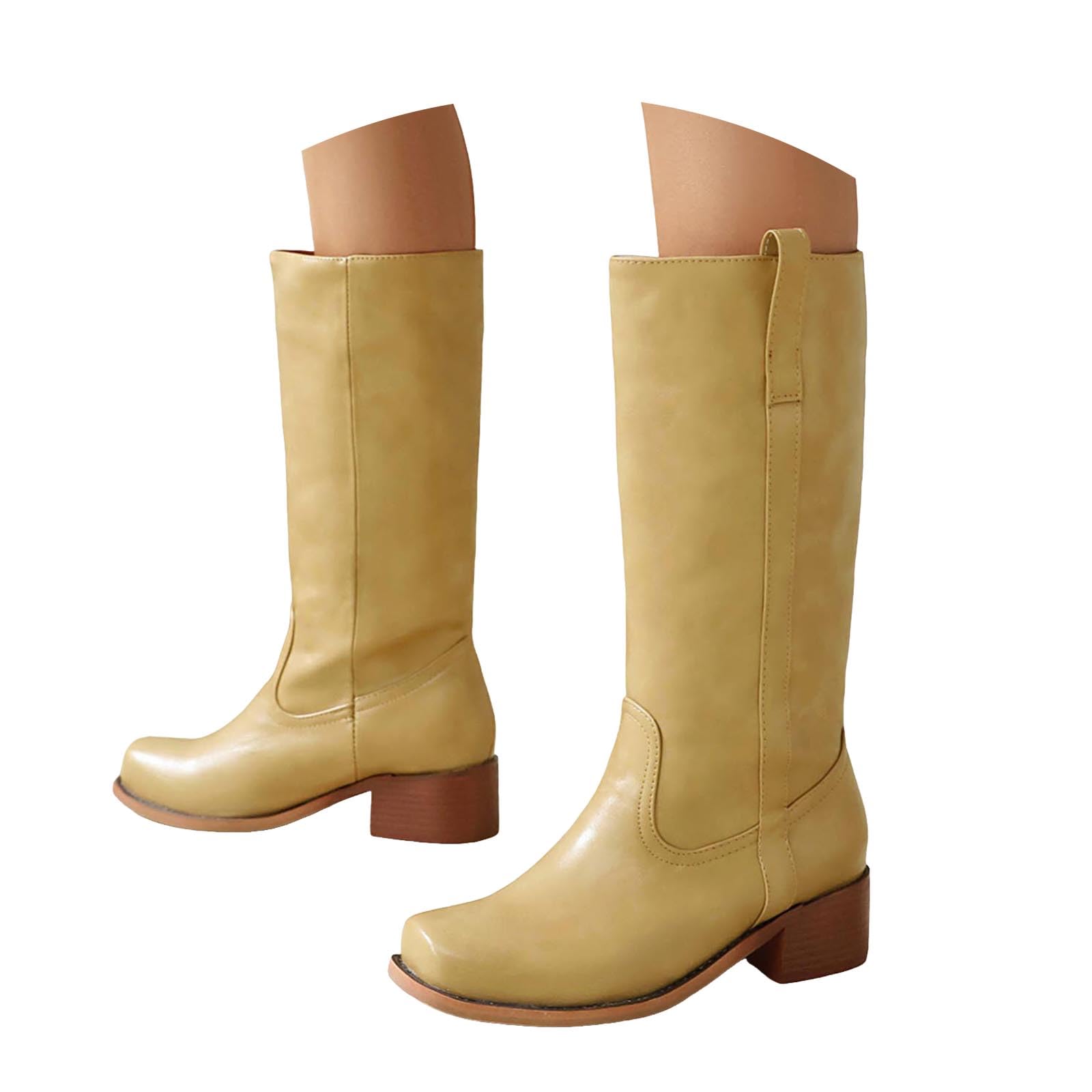 Womens Cowboy Boots 2025 Wide Width Square Toe Chunky Block Heel Long Boots for Women Comfortable Slip on