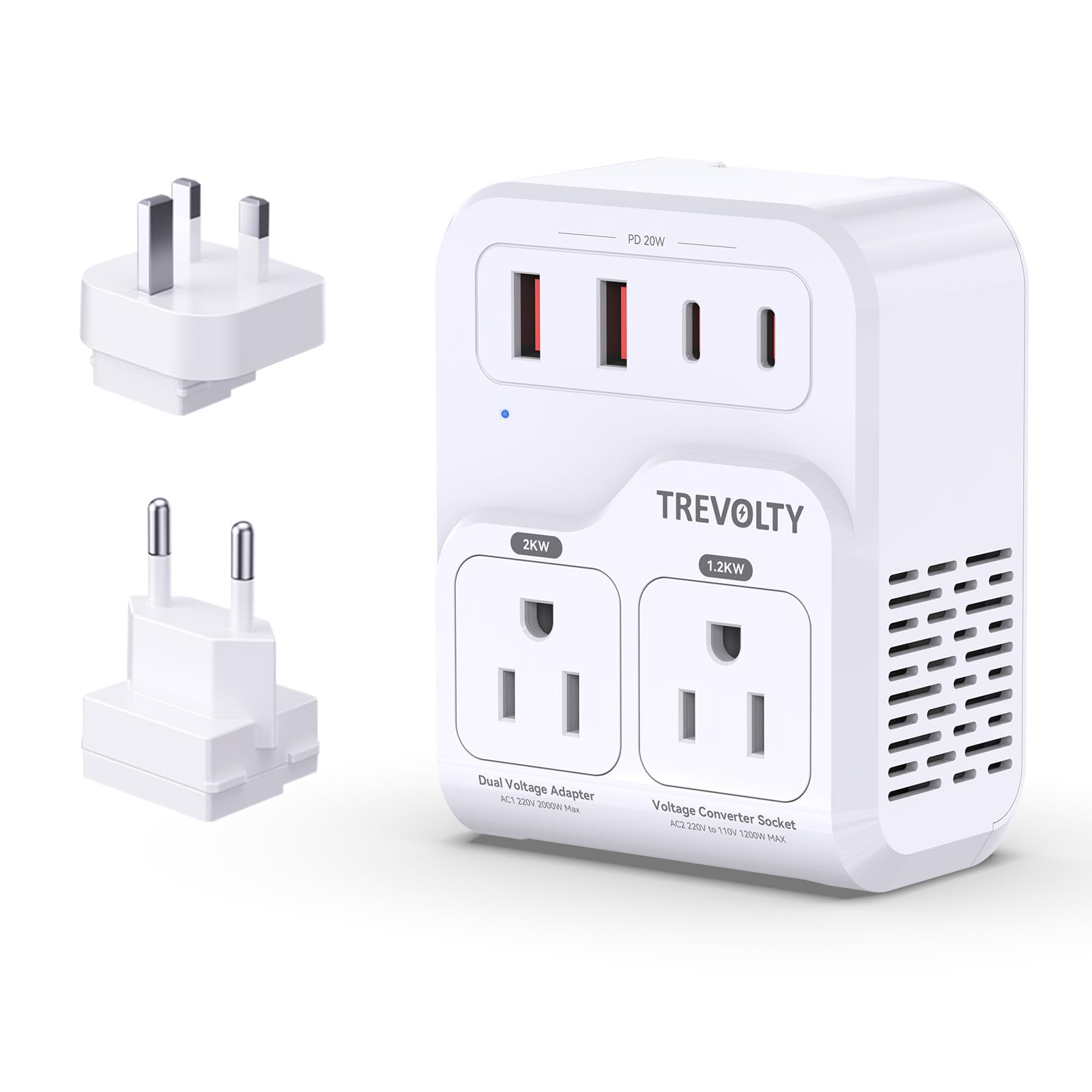 Photo 1 of 2000W Voltage Converter US to Europe for Hair Dryers, 7-in-1 220V to 110V Converter for European Travel with 3 AC/2 USBA/2 USBC Ports (PD20W) (White)