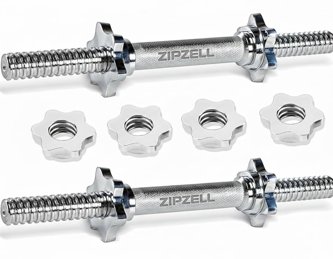 Sports 14 Inch Dumbbell Rods, Chrome Plated Steel with 28mm Threaded Rod, Knurled Grip, 4 Star Locks, Pair-image-7
