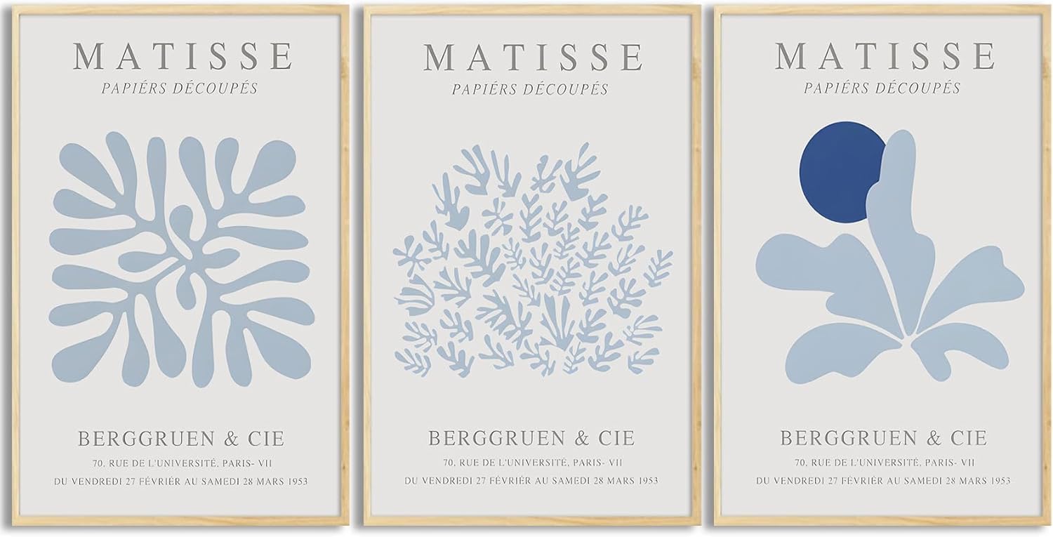 Djmwtb Matisse Canvas Wall Art Blue Abstract Poster Prints Set of 3 Plant Leaves Aesthetic Pictures Minimalist Flower Market Painting Wall Decor for Living Room Bedroom Bathroom 12x16in Unframed